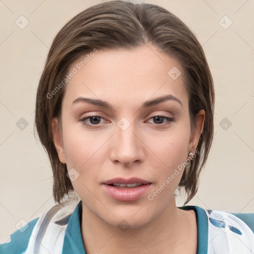 Neutral white young-adult female with medium  brown hair and brown eyes