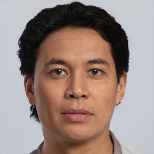 Neutral asian adult male with short  brown hair and brown eyes