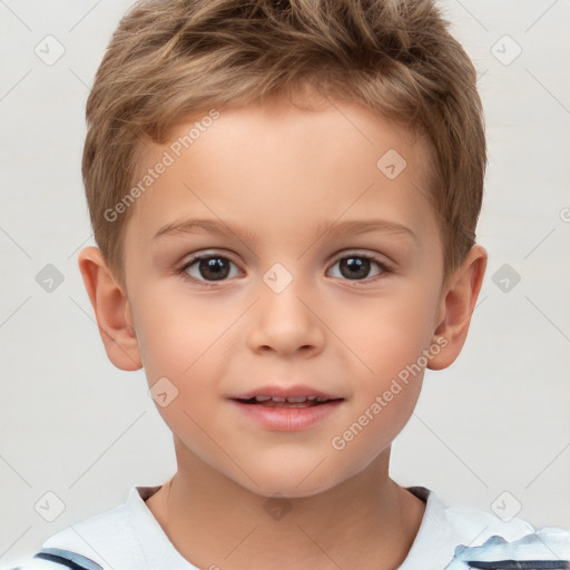 Joyful white child male with short  brown hair and brown eyes