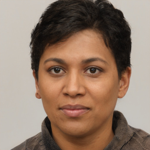 Neutral latino young-adult female with short  brown hair and brown eyes