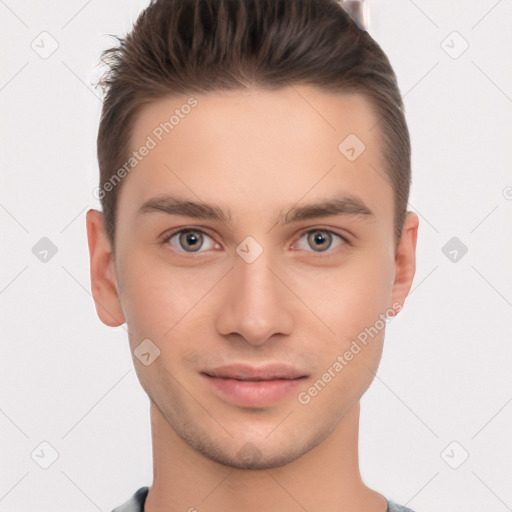 Neutral white young-adult male with short  brown hair and brown eyes