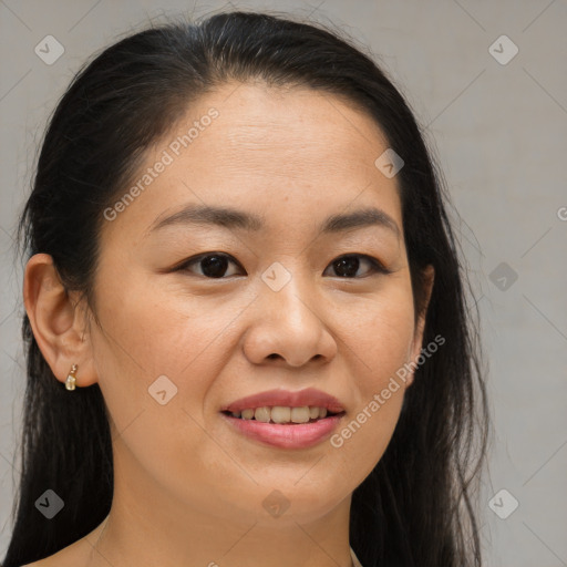 Joyful asian young-adult female with medium  brown hair and brown eyes