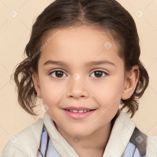 Joyful white child female with medium  brown hair and brown eyes