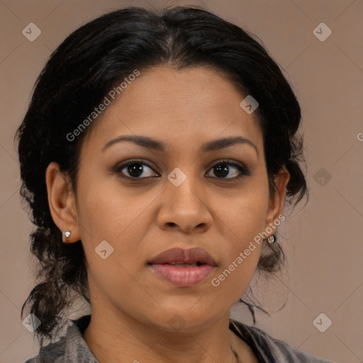 Joyful latino young-adult female with medium  brown hair and brown eyes