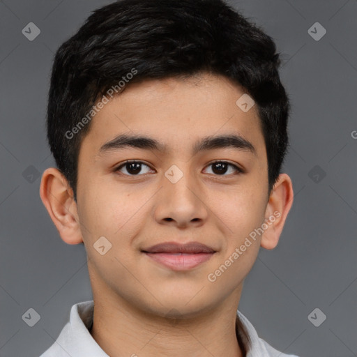 Joyful latino young-adult male with short  brown hair and brown eyes