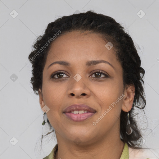 Joyful latino young-adult female with long  black hair and brown eyes