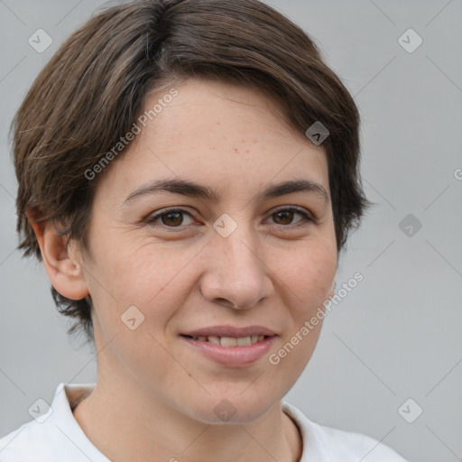 Joyful white young-adult female with short  brown hair and brown eyes