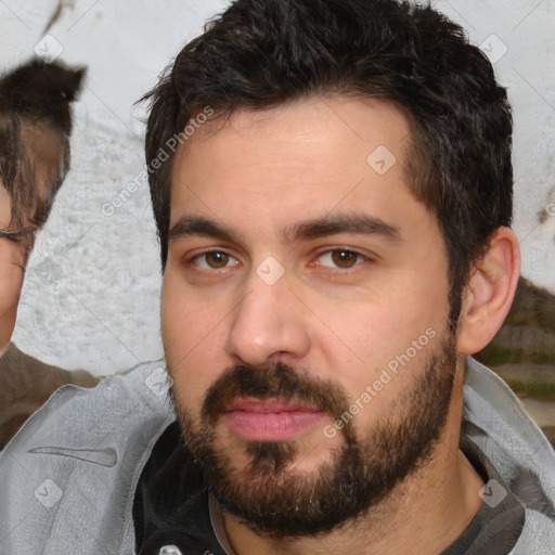 Neutral white young-adult male with short  brown hair and brown eyes