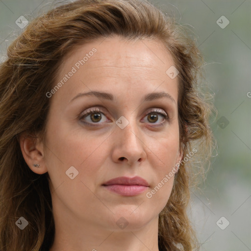 Joyful white adult female with long  brown hair and brown eyes