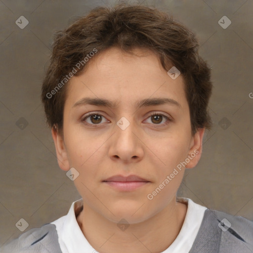 Neutral white young-adult female with short  brown hair and brown eyes