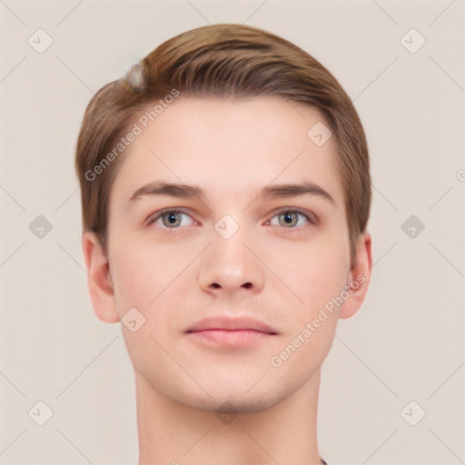 Neutral white young-adult male with short  brown hair and brown eyes