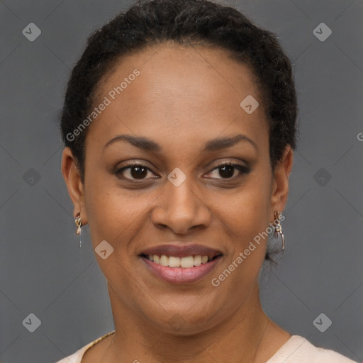 Joyful black young-adult female with short  brown hair and brown eyes