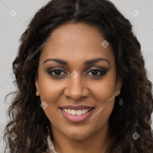 Joyful black young-adult female with long  brown hair and brown eyes