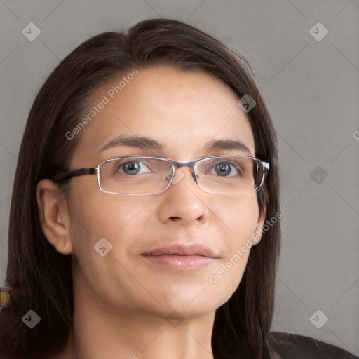 Neutral white young-adult female with long  brown hair and brown eyes