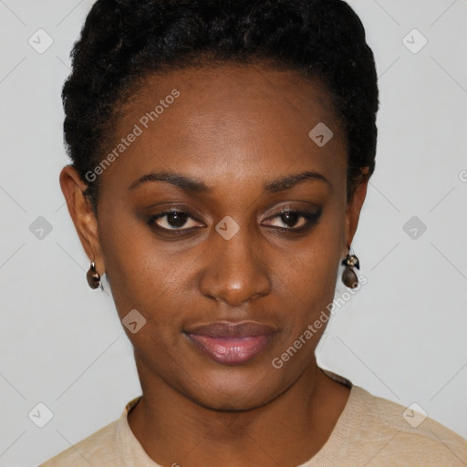 Neutral black young-adult female with short  brown hair and brown eyes