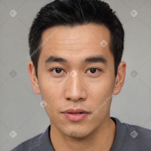 Neutral asian young-adult male with short  black hair and brown eyes