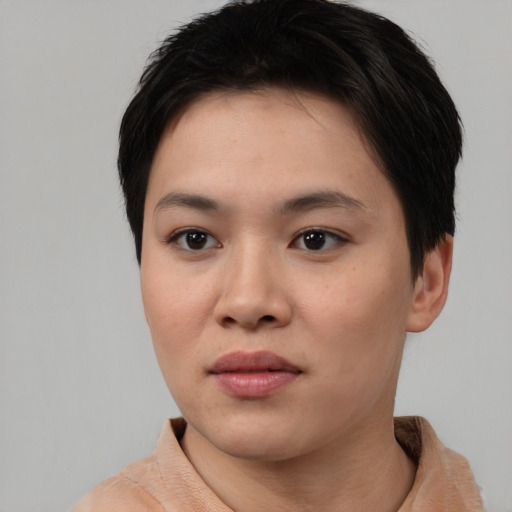 Neutral asian young-adult female with short  brown hair and brown eyes