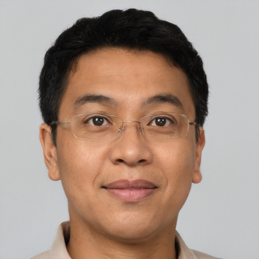Joyful asian adult male with short  brown hair and brown eyes