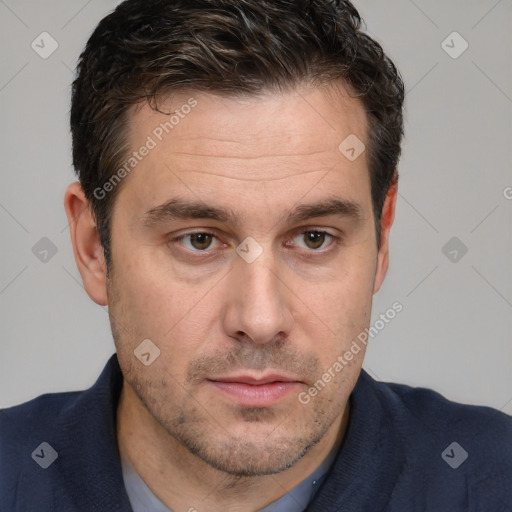 Neutral white adult male with short  brown hair and brown eyes