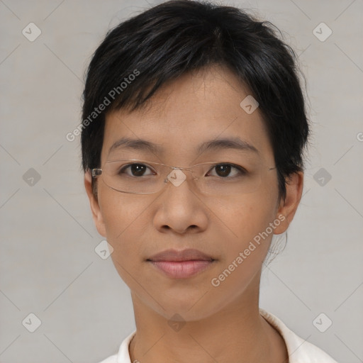 Neutral asian young-adult female with short  brown hair and brown eyes