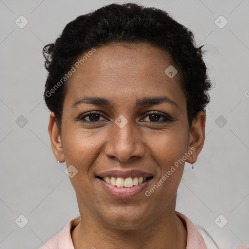 Joyful latino young-adult female with short  brown hair and brown eyes