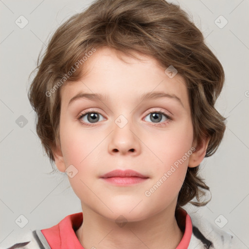 Neutral white child female with medium  brown hair and grey eyes