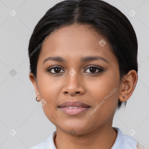 Joyful latino young-adult female with short  brown hair and brown eyes