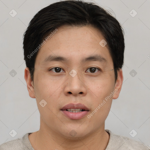 Neutral asian young-adult male with short  brown hair and brown eyes