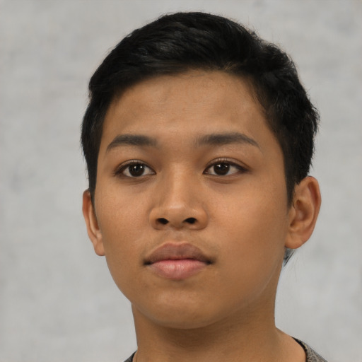 Neutral asian young-adult female with short  brown hair and brown eyes