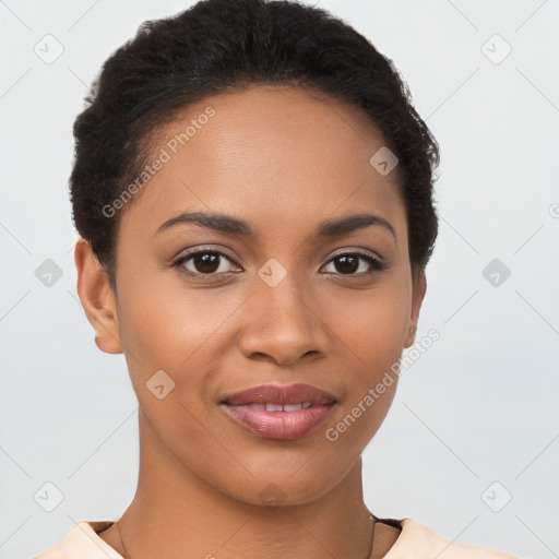 Joyful latino young-adult female with short  brown hair and brown eyes