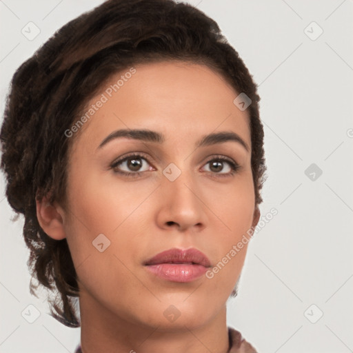 Neutral white young-adult female with short  brown hair and brown eyes