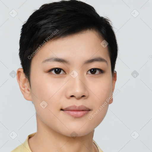 Joyful asian young-adult female with short  black hair and brown eyes