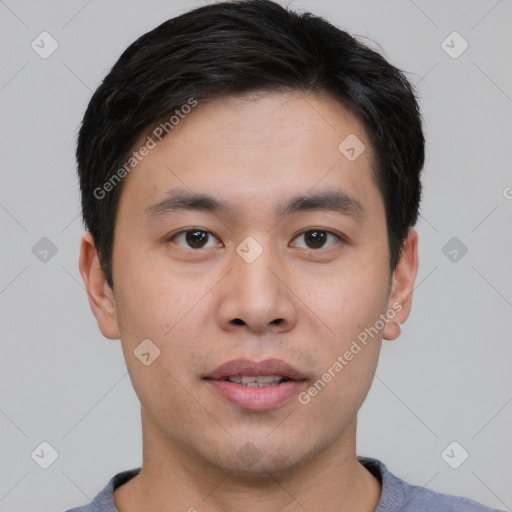 Neutral asian young-adult male with short  brown hair and brown eyes