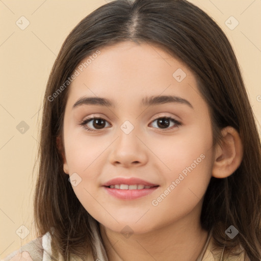 Joyful white child female with long  brown hair and brown eyes