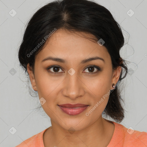 Joyful latino young-adult female with medium  brown hair and brown eyes