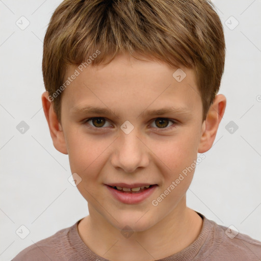 Joyful white child male with short  brown hair and brown eyes