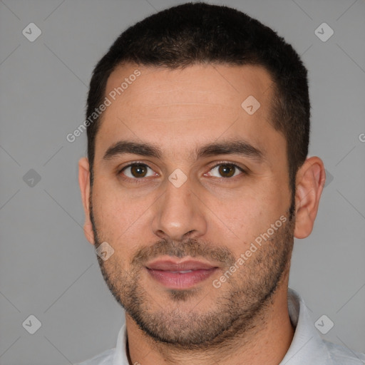 Neutral white young-adult male with short  brown hair and brown eyes