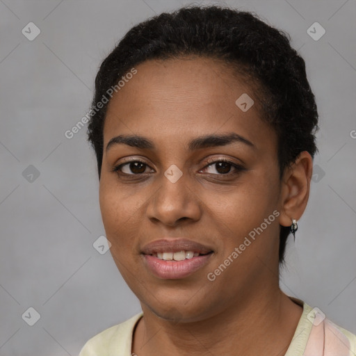 Joyful latino young-adult female with short  brown hair and brown eyes