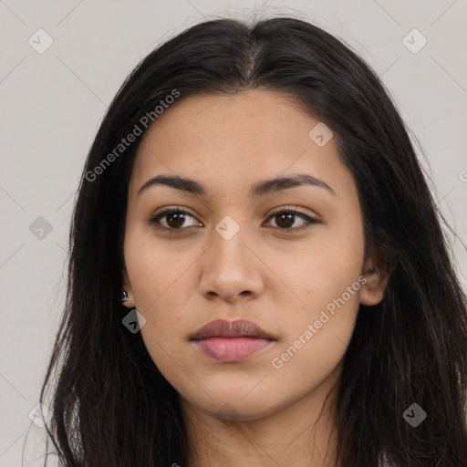 Neutral latino young-adult female with long  black hair and brown eyes