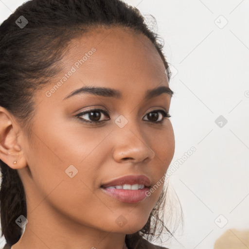 Joyful latino young-adult female with long  brown hair and brown eyes