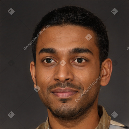 Neutral latino young-adult male with short  brown hair and brown eyes