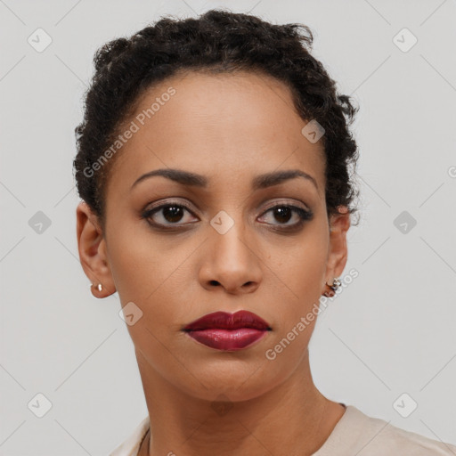 Neutral black young-adult female with short  brown hair and brown eyes