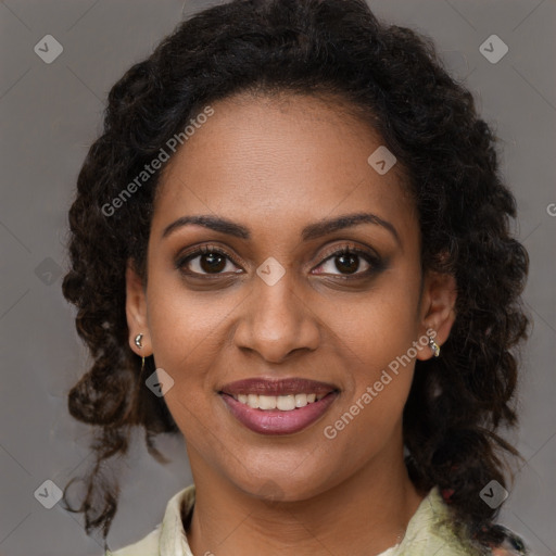 Joyful black young-adult female with medium  brown hair and brown eyes