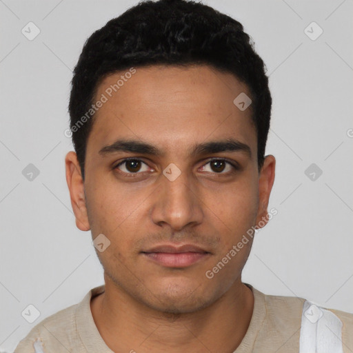 Neutral latino young-adult male with short  black hair and brown eyes