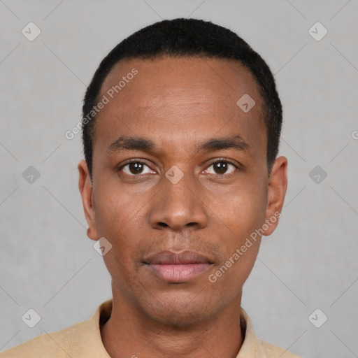Neutral latino young-adult male with short  black hair and brown eyes