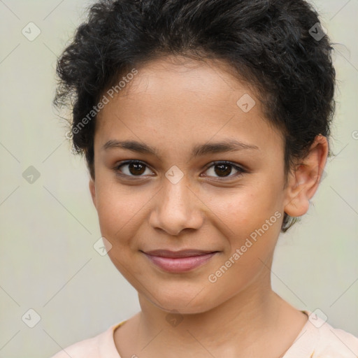 Joyful latino young-adult female with short  brown hair and brown eyes