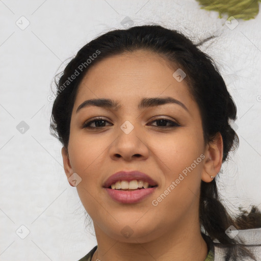 Joyful white young-adult female with medium  black hair and brown eyes