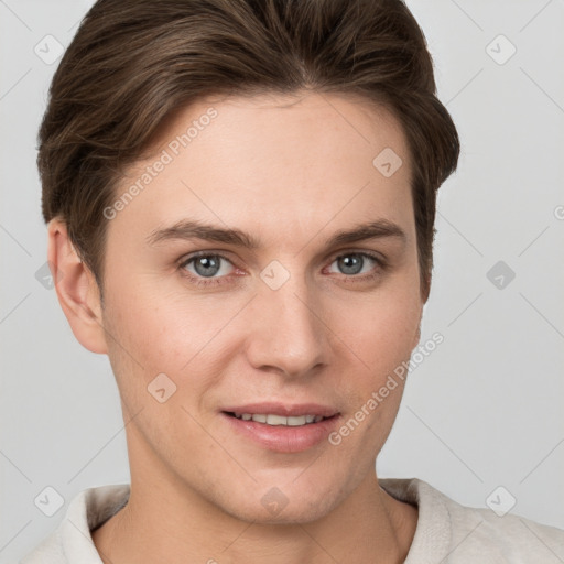 Joyful white young-adult female with short  brown hair and grey eyes