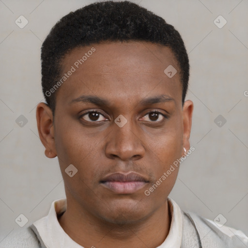 Neutral black young-adult male with short  brown hair and brown eyes