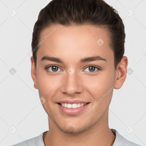 Joyful white young-adult female with short  brown hair and brown eyes